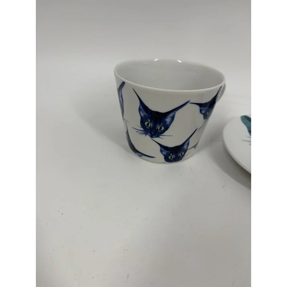 IKEA Katie Eary Designer Blue Cat Faces Breakfast Tea Cup & Saucer Mug 2016